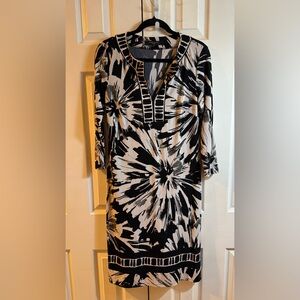 Nine West Black and White Patterned Long Sleeve Dress